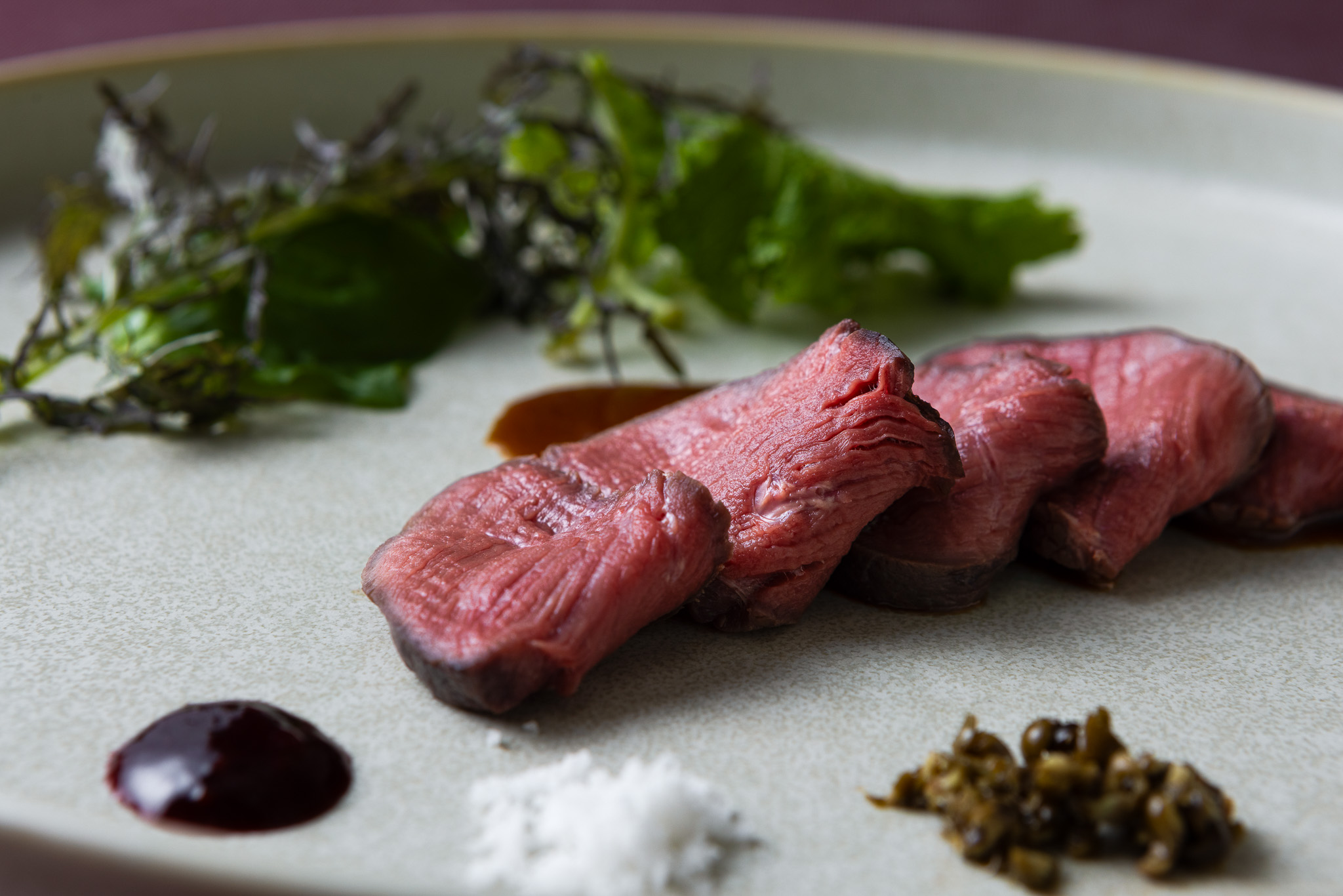 Roasted Hokkaido Yoichi Venison, Arugula Flavored
with Red Wine Vinegar and “Junkosho” Salted Fresh Pepper 