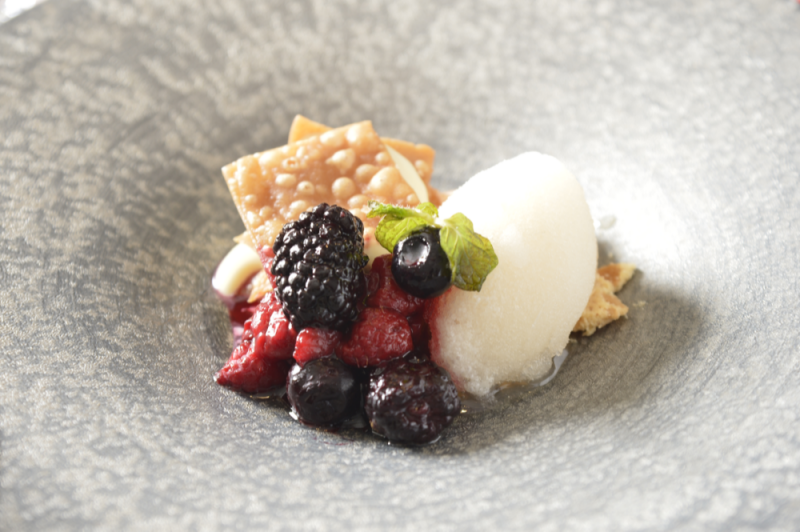 Mille foglie scented with Marsala and mascarpone cream Berry sauce ginger sherbet
