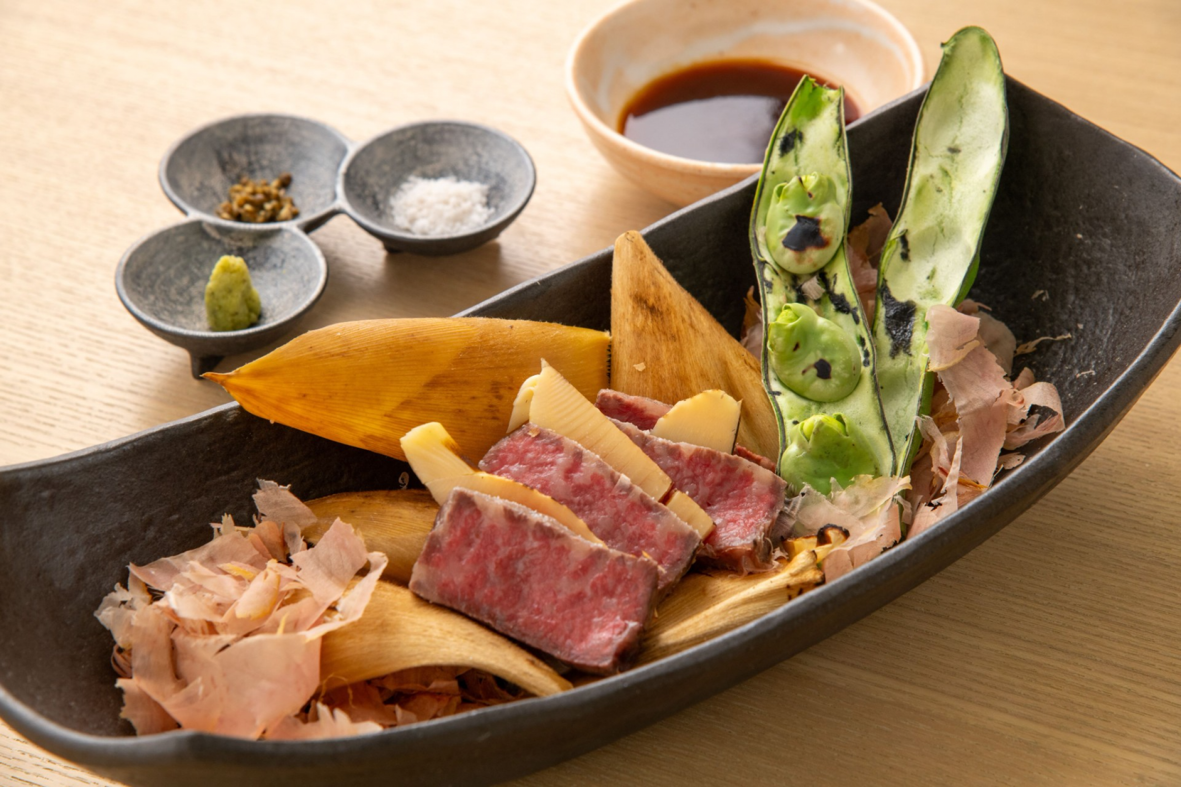 Chargrilled Nasu “GOTOGYU” Beef Sirloin, Spring Bamboo Shoot and Green Soy Bean, Selected Japanese Condiments